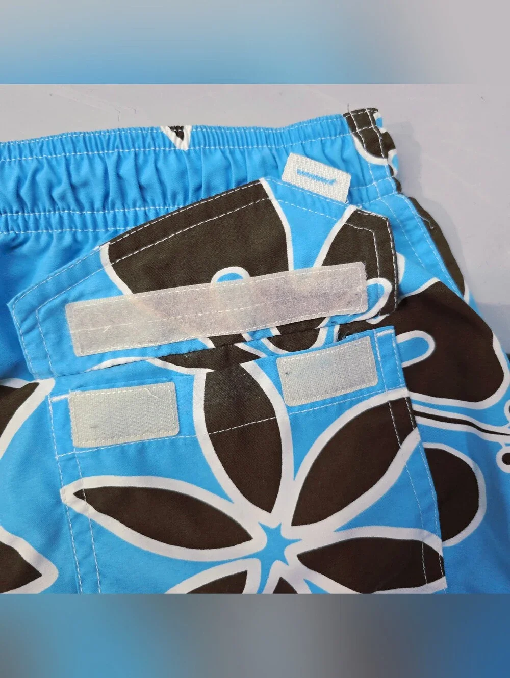 Vtg Y2K Hawaiian Hibiscus Board Shorts Swim Trunks Sky Blue Brown Youth Large